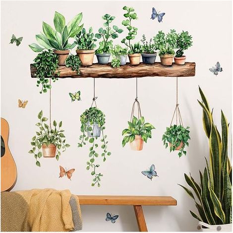 Wall Stickers Green Plants Watercolor Butterflies Nature Wall Decoration Removable Stickers Living Room Bedroom Office (1/3)