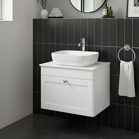 Nuie Classique Wall Hung 1-Drawer Vanity Unit with White Marble Worktop 600mm Wide - Satin White (1/4)