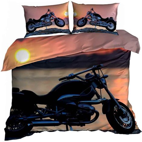 Ropa de cama de satén de algodón 3D de 160x200cm con motocicleta chopper al atardecer. (1/3)