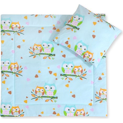 Ropa de cama para cochecito con edredón y relleno de almohada - Búhos sobre fondo menta