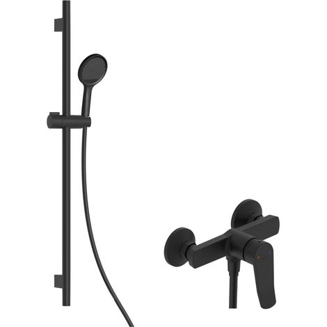 kielle Nefia - Set de douche avec mitigeur, colonne, flexible et pommeau de douche EcoSpare, noir mat 20627SN34