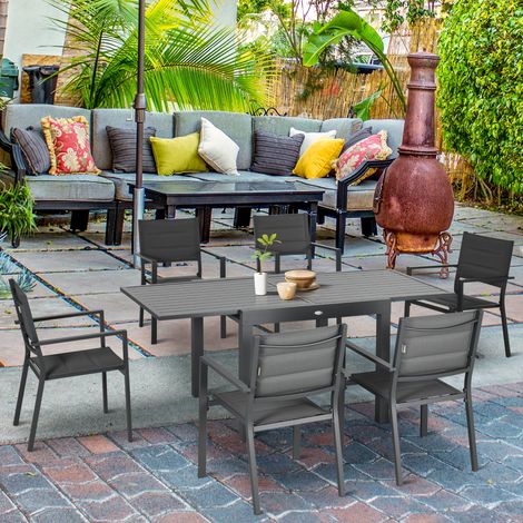 Salon de jardin en aluminium et textilène table extensible 90 à 180 cm 6 chaises empilables 4/6 personnes gris