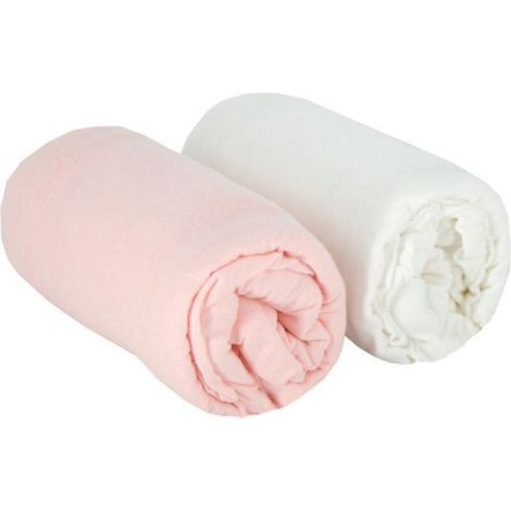 Drap Housse Bebe - 60 x 120 cm - Jersey Cardé 130 g/m² - 100 % Coton - Blanc et Rose - Lot de 2 (1/4)
