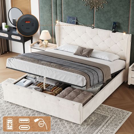 4ft6 Double Upholstered Bed Frame with Hydraulic Storage, Diamond Tufted Headboard with Charging Station and Reading Light, USB and Type - C Ports, Velvet, Beige (No Mattress) (1/5)
