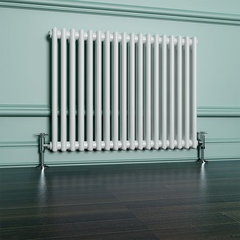 ELEGANT Traditional Radiator 600 x 830mm Horizontal Double Column Cast Iron Style Radiator White + Angled Radiator Valves (1/5)