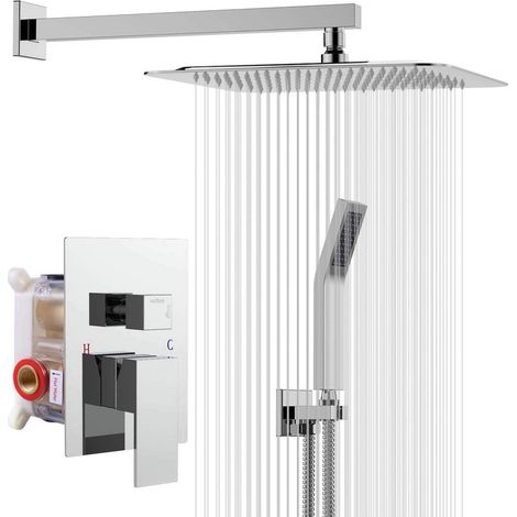 Colonne de douche encastrée avec tête carrée 25 x 25 cm – Acier inoxydable chromé – Douche à effet pluie – Montage mural (1/5)
