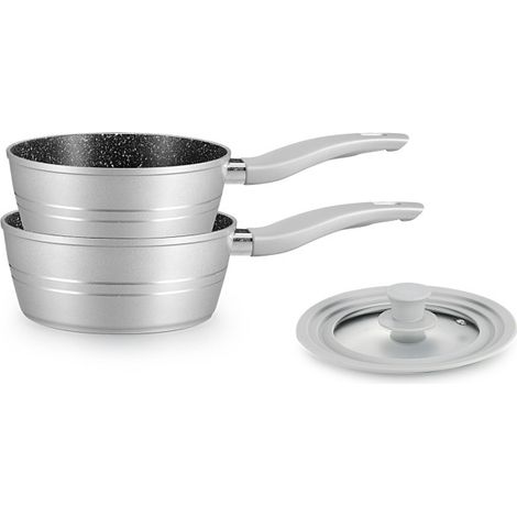 Set de 2 casseroles Ø 18/20 cm avec couvercle silicone universel - Revêtement effet marbre - Gris argenté - Livraison gratuite (1/5)