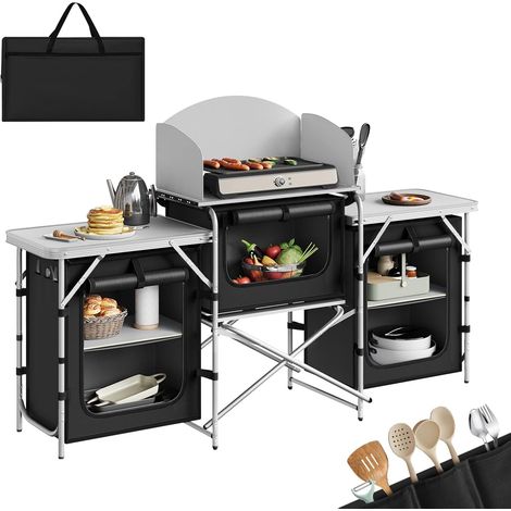 WOLTU Cucina da Campeggio Pieghevole con Ripiani, Piano di Lavoro in Alluminio e MDF, Nero (1/5)