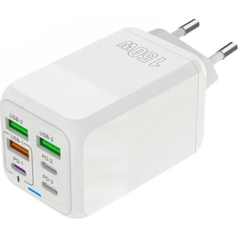 USB-C-Ladegerät, 150 W, 6-Port-Schnellladestecker (3 USB-C-Anschlüsse + 3 USB-A-Anschlüsse), kompatibel mit iPhone 11/12/13/14/15/XS/XR/8/iPad (1/5)