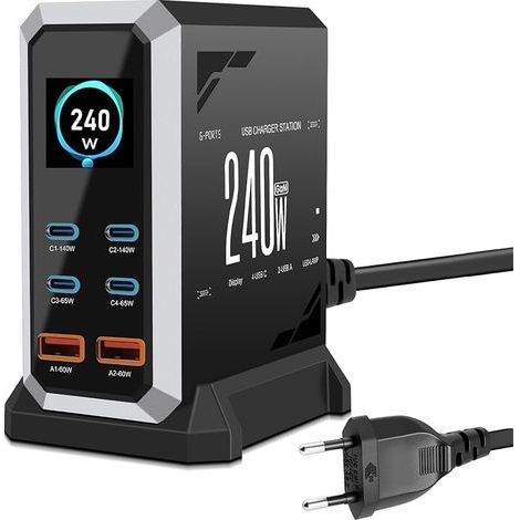 Chargeur USB C 240 W avec 6 ports, GaN 3 USB Chargeur rapide multiple avec 4 ports USB-C et 2 ports USB-A, PD140 W, 65 W, 60 W Power Delivery Station de charge USBC pour MacBook Pro/Air, iPhone, iPad (1/5)