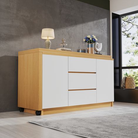 Bureau d'angle 120x50x76.5 cm - Plateau pivotant à 360° - 3 tiroirs et 2 portes - Avec roulettes - Naturel + Blanc (1/5)
