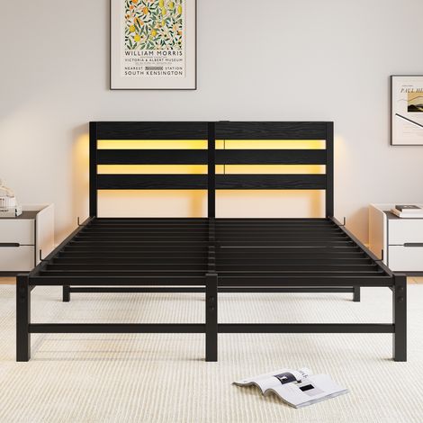 Cadre de lit métallique 140x190 cm avec éclairage LED, port USB intégré, sans matelas, espace de rangement sous le lit, structure robuste, sommier à lattes, lit double moderne. (1/5)