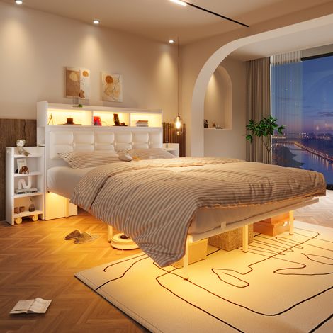 Lit double 140x190 avec led intégré - sommier tête - 2 tables chevet amovibles - étagères ports usb-c - blanc (1/5)