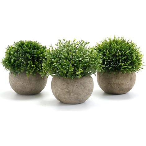 Plante Artificielle Interieur 3 pcs, Fausse Plantes en Plastique avec Pot Gris Atificielles Herbe Decoration pour Mariage Exterieur Bureau Table Jardin Nouveau Cadeau de Maison, 9.5 x 13cm