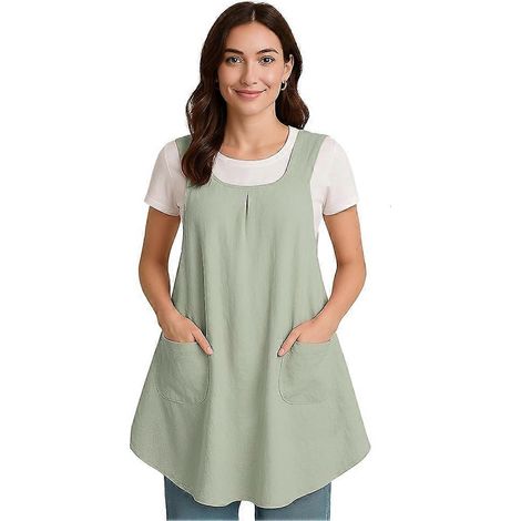 [RM]Tablier en coton et lin avec poche, tablier japonais pour le jardinage, la peinture, vert-Vihreä- (1/5)