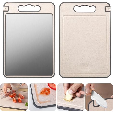 Tabla de cortar de acero inoxidable de doble cara para carne, verduras y frutas. Incluye afilador de cuchillos, pelador de ajos y exprimidor. Medidas: 36,5 x 25 cm. (1/4)
