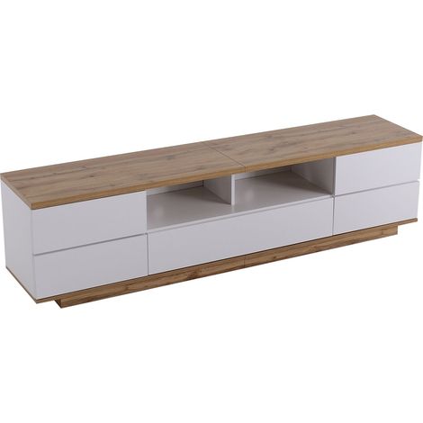Meuble TV 180 cm Blanc et Bois avec Portes en Treillis - Supporte 50 kg pour Écrans 70-79 Pouces (1/5)
