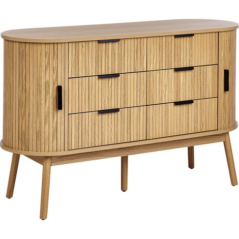 Cómoda 6 cajones con 2 puertas correderas MDF patas de madera maciza madera clara Selah