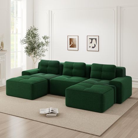 Cloud Modulsofa Boneless U-förmiges Sofa, Modulares Sofa mit Ottoman, Modulares Cloud-Sofa, 3-Sitzer Corduroy-Cloud-Sofa für Wohnzimmer, Montagefreies Sofa, Grün