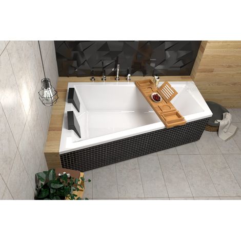 ECOLAM Baignoire trapézoïdale Intima Duo 170x125 cm gauche + 2x appuie-tête noir  Planche en Bambou  siphon Alcaplast  Pieds + silicone
