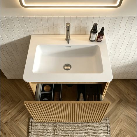 Mobile bagno con lavabo 60 cm, design moderno con cassetti, bordo arrotondato, rovere, MDF e superficie solida (1/5)