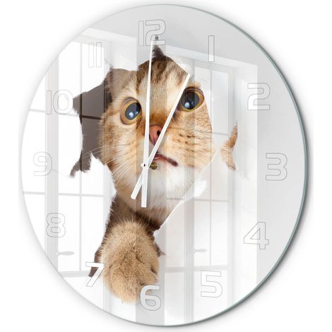 Horloge Murale Ronde Quartz Verre Trempé Design Moderne Salon Chambre Bureau Chat dans le trou fi 60 cm (1/5)