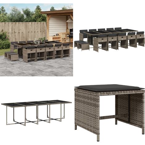 15-tlg. Garten-Essgruppe mit Kissen Grau Poly Rattan - Gartenmöbel Set - Gartentisch - Gartenstühle - Gartenhocker - Rattan Möbel - Home & Living