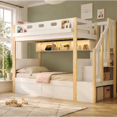 Cama alta infantil 90x200+90x200 cm con arcón hidráulico blanco OKMYHOME (1/5)
