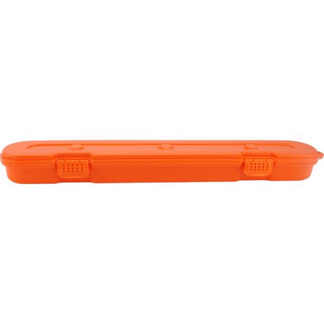 Boîte de rangement pour chaîne de tronçonneuse, grande capacité, en plastique, orange. Étui de transport pour chaîne de tronçonneuse électrique. (1/5)