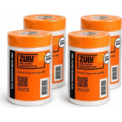 Zulu Pre-Taped Masking Film 1400mm x 30m - Heavy Duty Paint Static Plastic Dust Sheet Protection Film with Masking Tape, 4 Pack