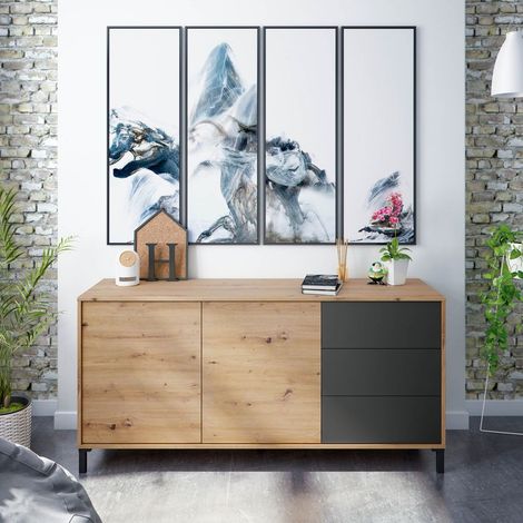 FRS – Buffet moderne 2 portes et 3 tiroirs Brooklyn – Dimensions L154 x P41 x H74 cm – Finition chêne Nodi et gris anthracite – Charnières métalliques (1/10)