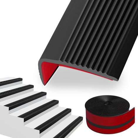 Profilé de nez de marche 50 mm x 6 m Profilé de nez de marche auto-adhésif Antidérapant Flexible en PVC et caoutchouc pour marches d’escalier pour intérieur et extérieur (Noir) (1/5)