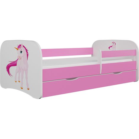 Lit enfant rose Licorne avec sommiers et barrière de sécurité amovible Drimy-80x180 (1/5)