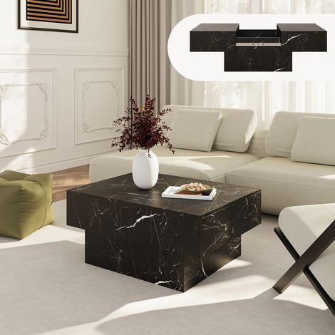 Ausziehbarer Couchtisch Lens 80x60x36 cm Marmoroptik, schwarz [en.casa]
