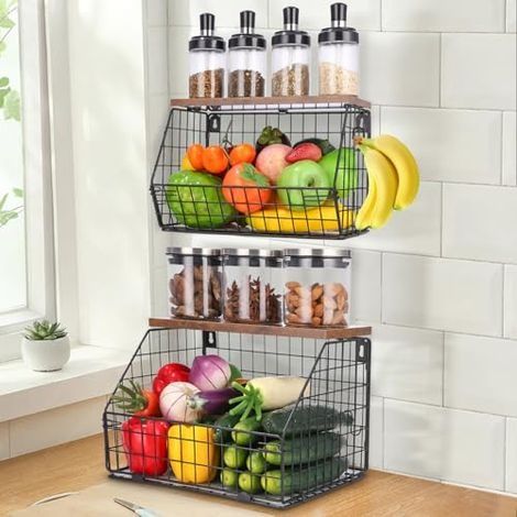 2 Etages Corbeille a Fruit, Panier a Fruit etagere de murale cuisine, Rangement de cuisine empilable, Avec un Couvercle en bois et 4 Crochets pour Fruit Basket pour Rangement Fruits et Légumes (1/5)
