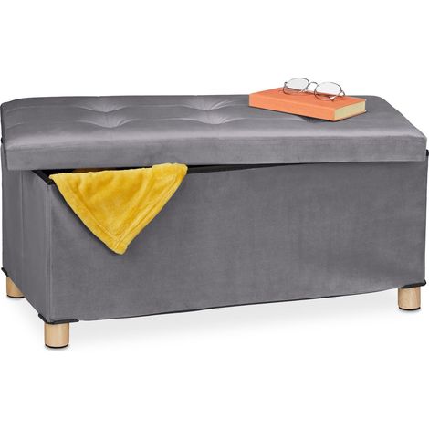 Relaxdays Sitzbank mit Stauraum, Polster, Samtbezug, Holzfüße, bis 120 kg, faltbar, Sitztruhe HBT 34x76x38 cm, anthrazit