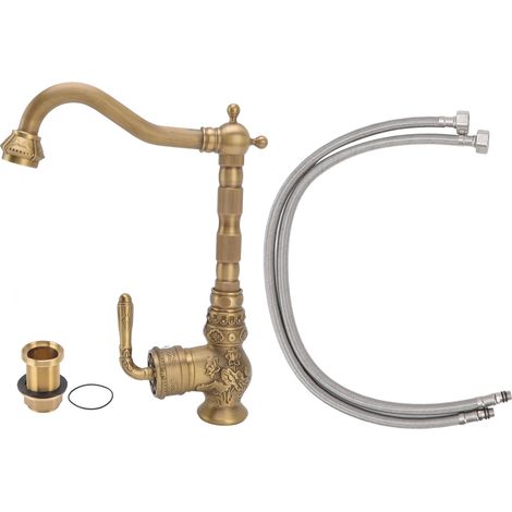 Mitigeur d'évier rétro en laiton antique, robinet eau chaude/froide à poignée unique, rotation 360°, filetage intérieur/extérieur G1/2 (1/5)