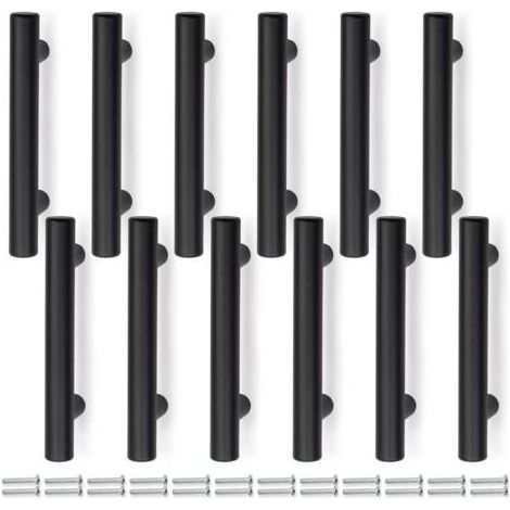 12 Pcs 100MM (Centre de trou 64mm) mat noir armoire poignée de cuisine en T, acier inoxydable, pour armoires, tiroirs, armoires (1/4)