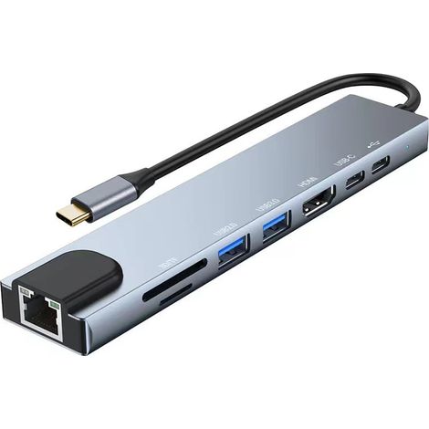 Hub USB-C - 8 En 1 - 2x HDMI 4K - Ethernet Gigabit - USB 3.0/2.0 - Alimentation PD 100 W - Lecteur SD/TF - Compatible MacBook Pro Air M1 M2 Steam Deck Switch Surface
