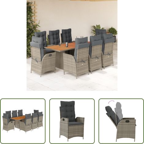 Gartentisch - 9-tlg. Garten-Essgruppe mit Kissen Grau Poly Rattan (1/5)