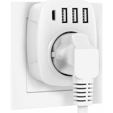 royaluxe - Prise USB, prises avec 3 chargeurs USB (2,4 A) et 1 port de type C (3 A), adaptateur de prise 5 en 1, adaptateur de prise murale (blanc) (1/5)