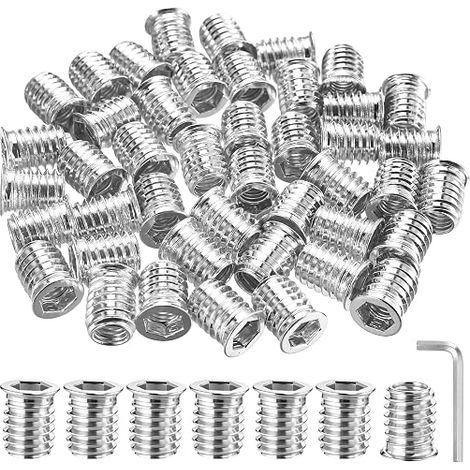 M10 x 20mm Wood Threaded Insert Wood Inserts Threaded Inserts for Wood Hexagonal Flat Head Threaded Nut Inserts for Furniture Carpentry Projects DIY with Wrench