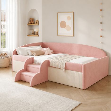 Cama tapizada 90x190 cm de terciopelo con barreras y escalones, diseño bicolor (1/5)