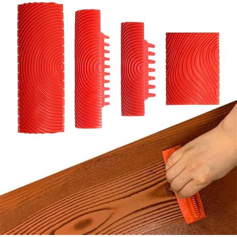 4 Pièces Outil de Grain de Bois de Caoutchouc, Outils de Peinture en Caoutchouc, Outil à Grain de Bois pour les Décorations Murales DIY, Rouge (1/5)