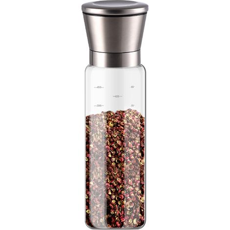 Moulin à Sel et Poivre - Corps en Verre Borosilicate Sans Plomb - Mécanisme en Céramique Réglable - Couvercle Étanche en Acier Inoxydable Brossé - Lot de 2 (1/5)