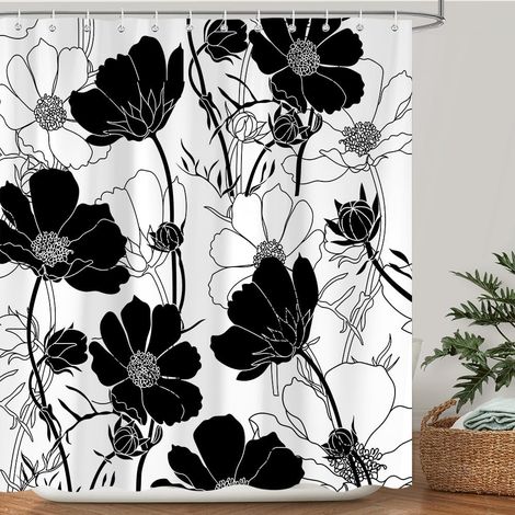 Rideau de douche noir et blanc à motif floral, rideau de douche en tissu à fleurs, 183 x 183 cm (72 x 72 pouces).