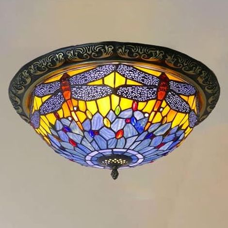Plafonnier style Tiffany AUTRUCKER pour chambre à coucher - Luminaire encastré en vitrail, lumière chaude pour une chambre confortable, culot E27 - 40 cm