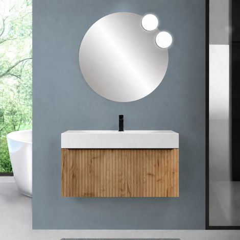 Mobile bagno sospeso 90 cm rovere africa con un cassetto e lavabo alto in resina Nara (1/5)