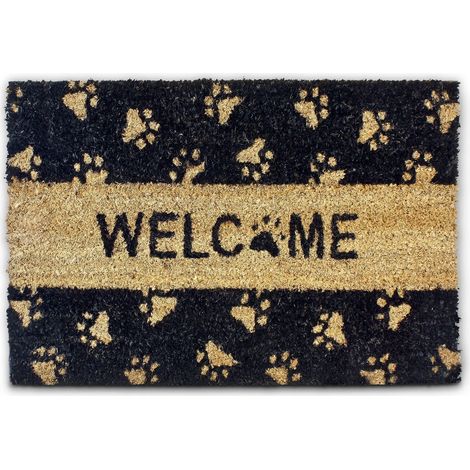 Paillasson fibres de coco Imprimé Welcome et pattes de chat 60 x 40 cm tapis de sol porte entrée dessous antidérapant caoutchouc PVC intérieur extérieur essuie-pieds natte, noir (1/5)