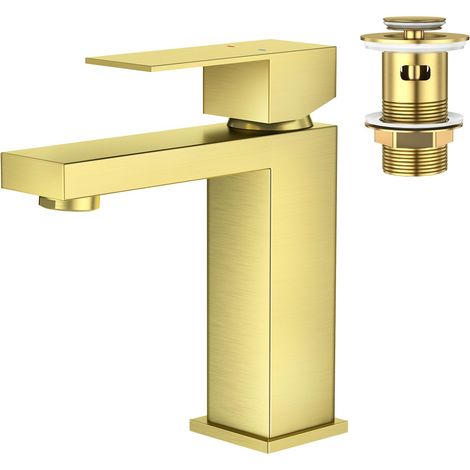 Robinet de Lavabo pour Salle de Bain et Bonde Pop Up avec Trop Plein, Robinet Mitigeur Monocommande de Salle de Bain Carré en Acier Inoxydable Brossé Or (1/5)
